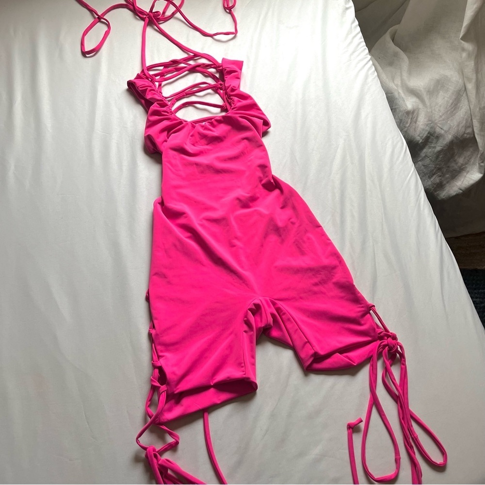 GEEBIN FLORES hot‎ pink knit sleeveless lace up cutout biker romper cat suit